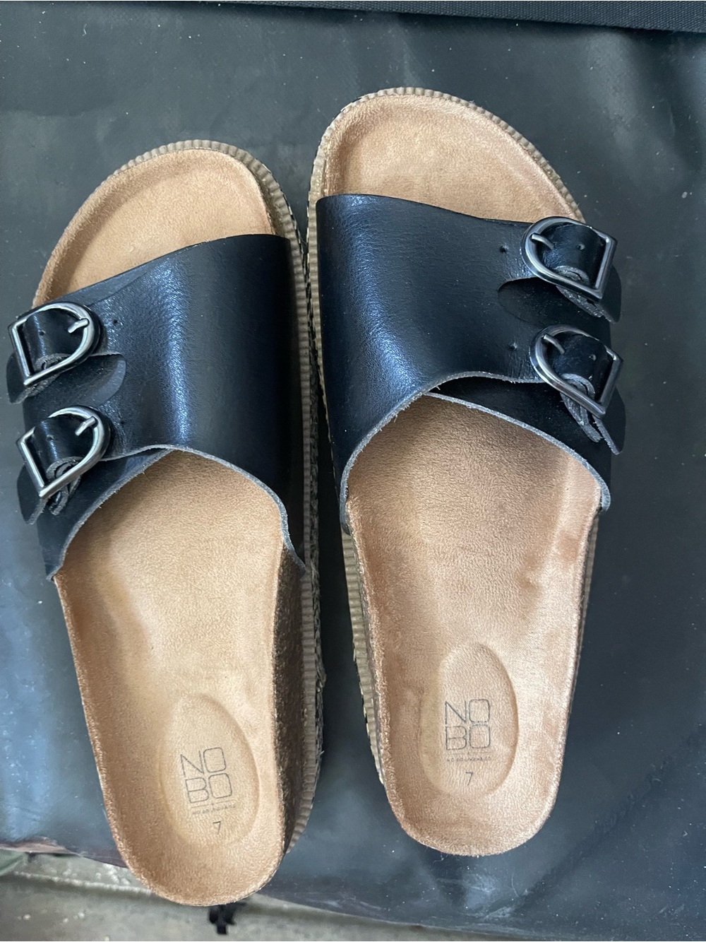 NOBO Black Double-Buckle Footbed Slides with Tan Insole